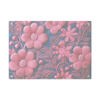 Denim Blue Doll Pink Floral Embroidery Style Fabric Flowers - Cutting Board