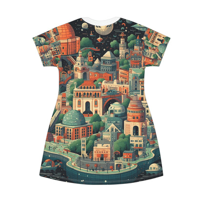 Galactic Metropolis Pattern, Sci-Fi Inspired - T-Shirt Dress (AOP)