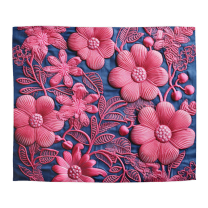 Denim Blue Doll Pink Floral Embroidery Style Fabric Flowers - Microfiber Duvet Cover