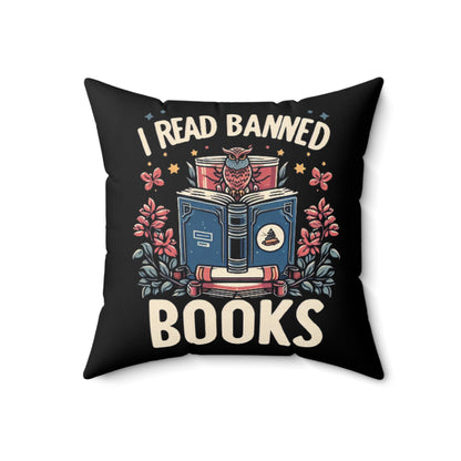 Owl Scholar Reading Among Stars and Florals - I Read Banned Books Themed Illustration - Spun Polyester Square Pillow