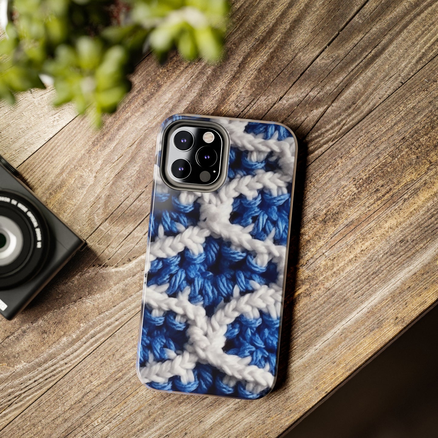 Blueberry Blue Crochet, White Accents, Classic Textured Pattern - Tough Phone Cases