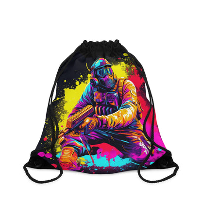 Paintball Action Sport: Player in Battle, Paint Splatter - Drawstring Bag