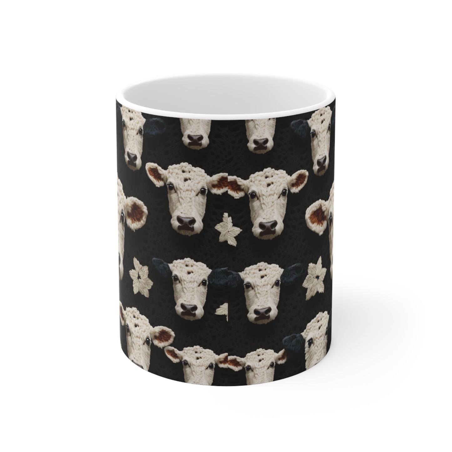 Patrón de vaca de ganchillo Estilo de tela de animales de granja - Taza de cerámica 11oz