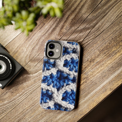 Blueberry Blue Crochet, White Accents, Classic Textured Pattern - Tough Phone Cases