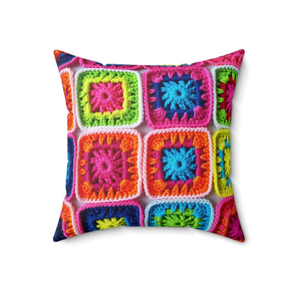 Crochet Granny Square, Summer Cotton, Patchwork, Retro Floral Design, Crochet Cotton - Spun Polyester Square Pillow