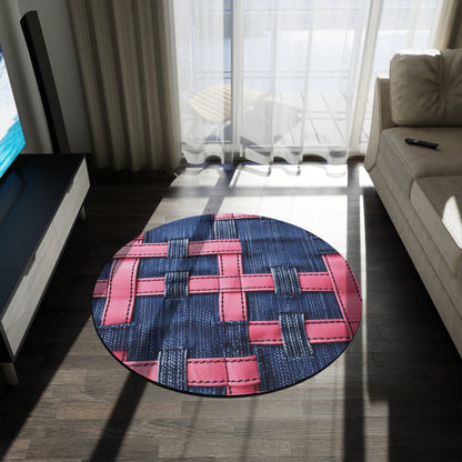 Candy-Striped Crossover: Pink Denim Ribbons Dancing on Blue Stage - Round Rug