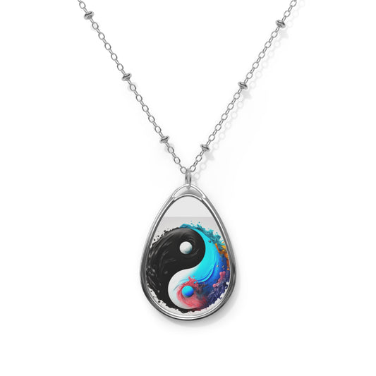 Yin Yang Symbol, Colorful Paint Style - Artistic Decor - Oval Necklace