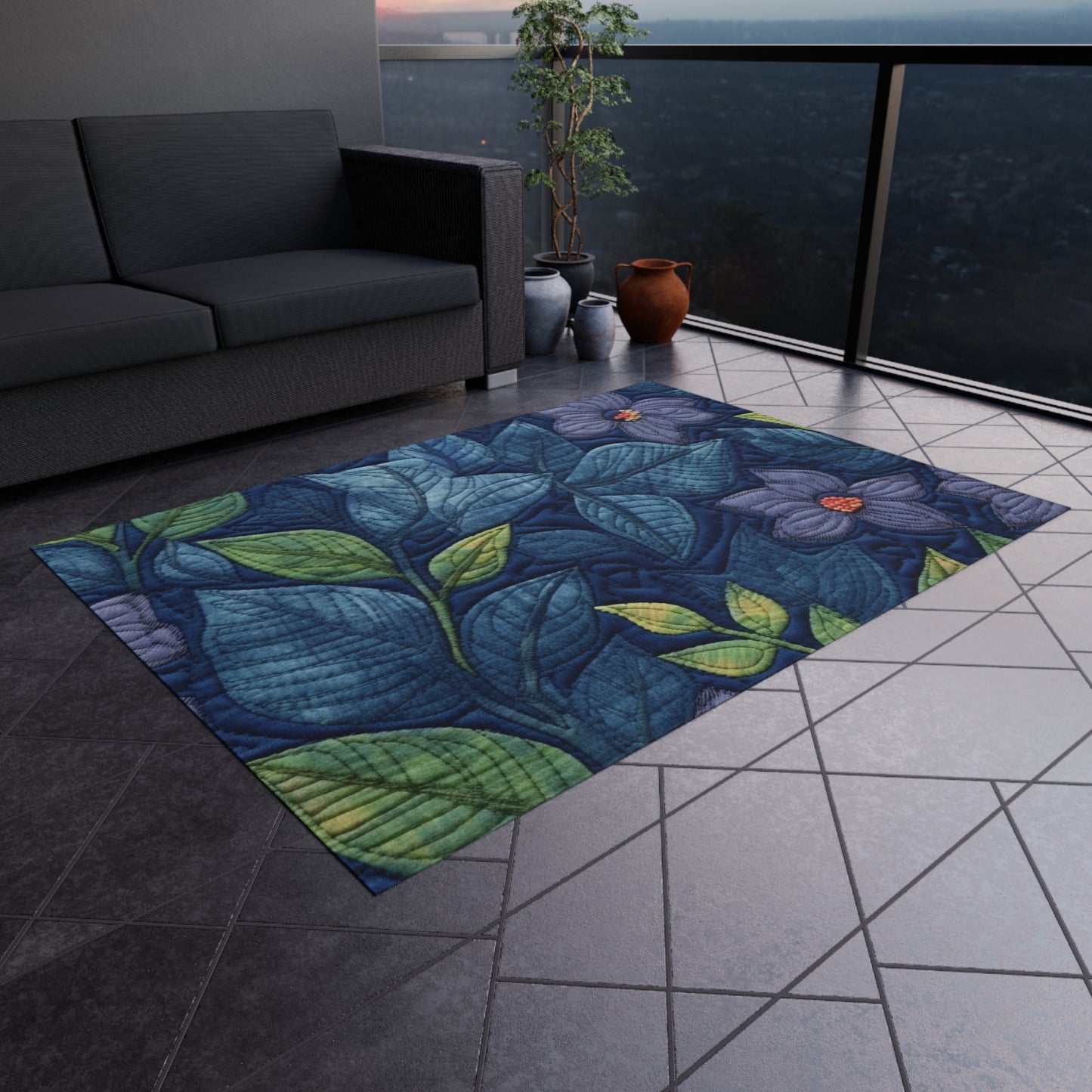 Floral Embroidery Blue: Denim-Inspired, Artisan-Crafted Flower Design - Outdoor Rug