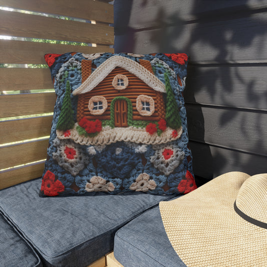 Cottagecore Log Cabin Crochet, Christmas Winter House Design, Rustic Holiday - Outdoor Pillows