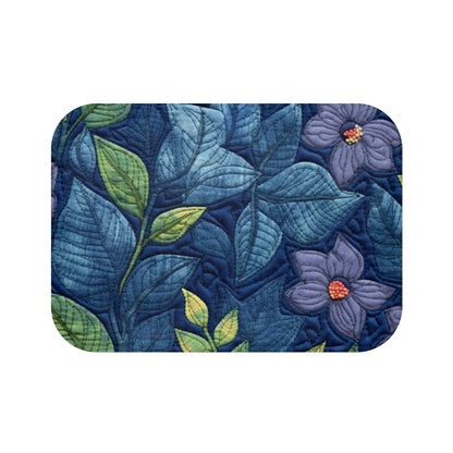 Floral Embroidery Blue: Denim-Inspired, Artisan-Crafted Flower Design - Bath Mat