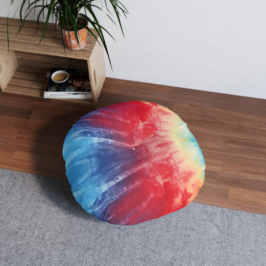 Rainbow Tie-Dye Denim: Vibrant Multi-Color, Fabric Design Spectacle - Tufted Floor Pillow, Round