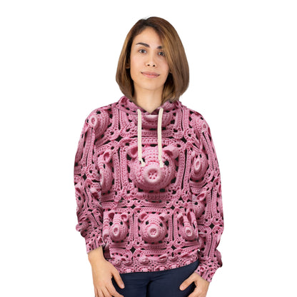 Crochet Pig Farm Animal Pink Snout Piggy Pattern - Unisex Pullover Hoodie (AOP)