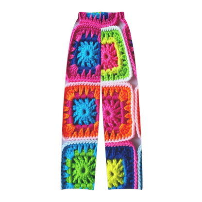 Crochet Granny Square, Summer Cotton, Patchwork, Retro Floral Design, Crochet Cotton - Kids Pajama Pants (AOP)