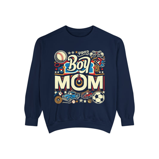 Proud Boymom Design Shirt, Boy Mom Gift, Unisex Garment-Dyed Sweatshirt