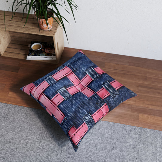 Candy-Striped Crossover: Pink Denim Ribbons Dancing on Blue Stage - Tufted Floor Pillow, Square