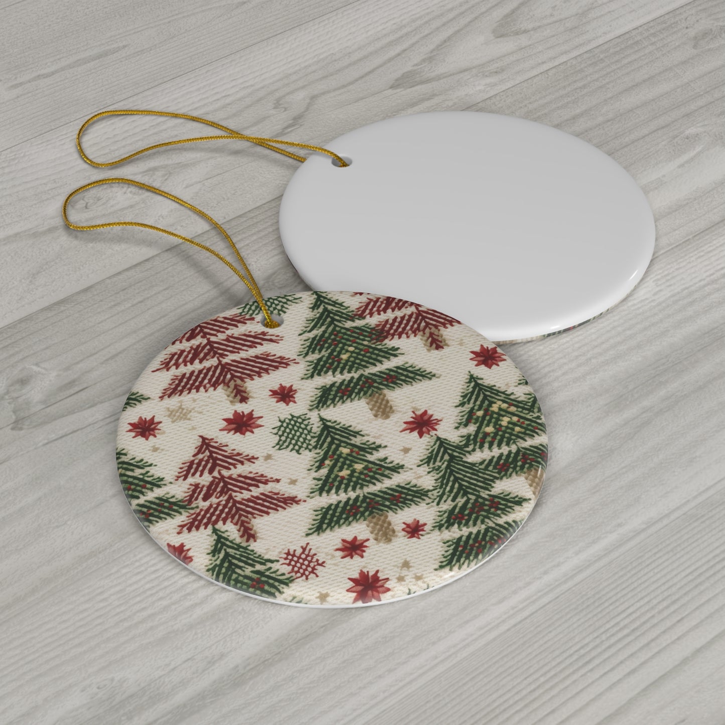 Embroidered Christmas Winter, Festive Holiday Stitching, Classic Seasonal Design - Ceramic Ornament, 4 Shapes