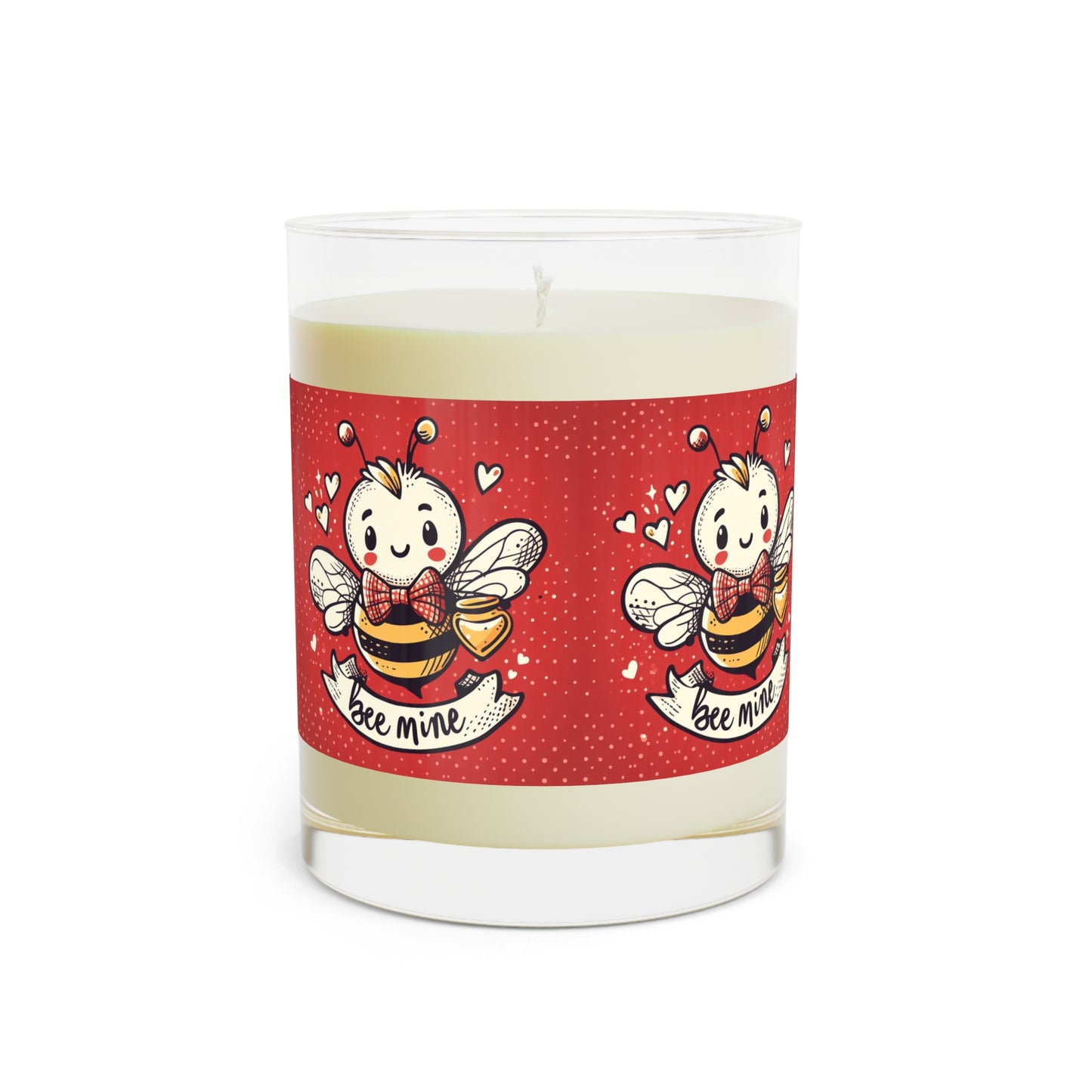 Valentine's Day Bee Illustration, Cute Bumblebee with Honey, Love Hearts, Whimsical Insect Artwork - Scented Candle - Full Glass, 11oz