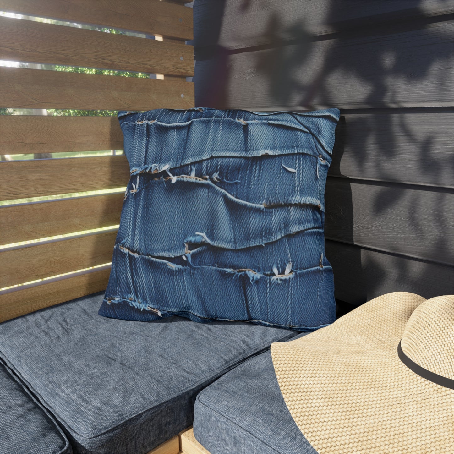 Midnight Blue Distressed Denim: Rugged, Torn & Stylish Design - Outdoor Pillows