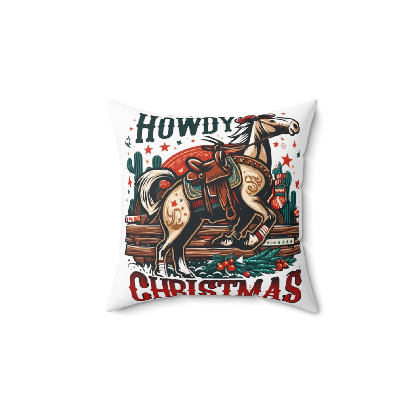 Desert Holiday Charm - Western Howdy Christmas with Festive Cactus and Galloping Horse - Spun Polyester Square Pillow