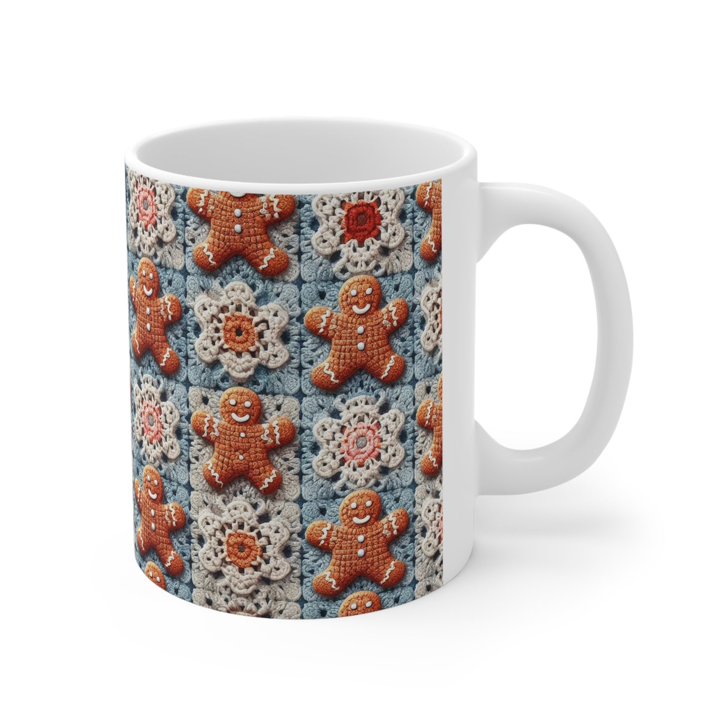 Delicia navideña: Patrón de sonrisa de pan de jengibre de ganchillo con copos de nieve de encaje - Taza de cerámica de 11 oz