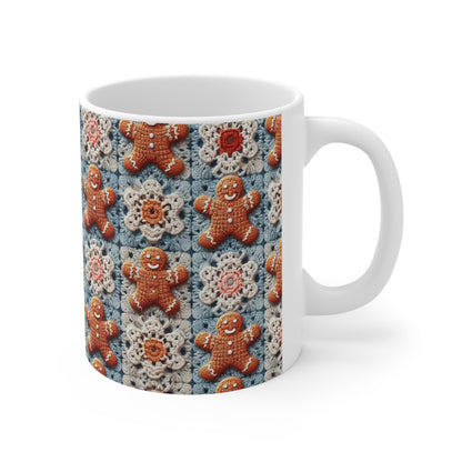 Christmas Holiday Delight: Crocheted Gingerbread Smile Pattern with Lace Snowflakes - Ceramic Mug 11oz