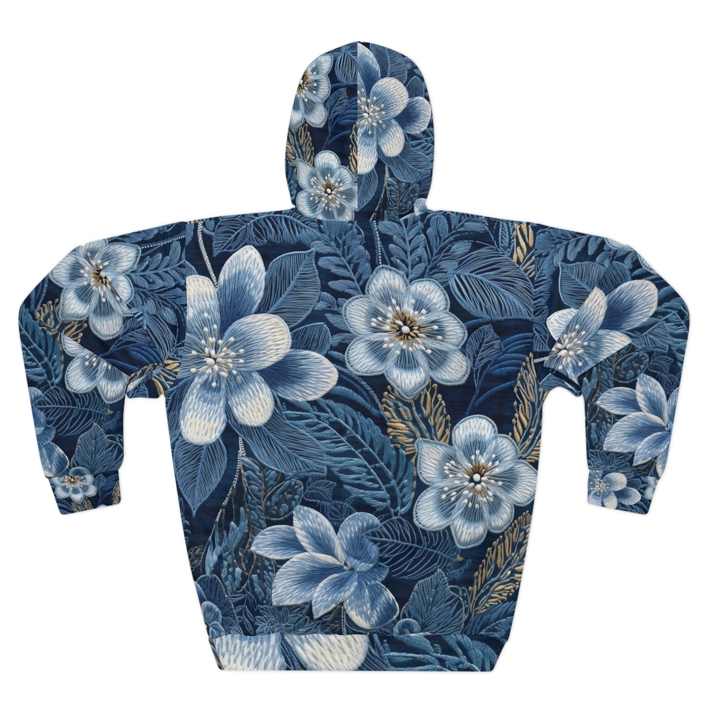 Flower Blossom Embroidery Floral on Denim Style - Unisex Pullover Hoodie (AOP)