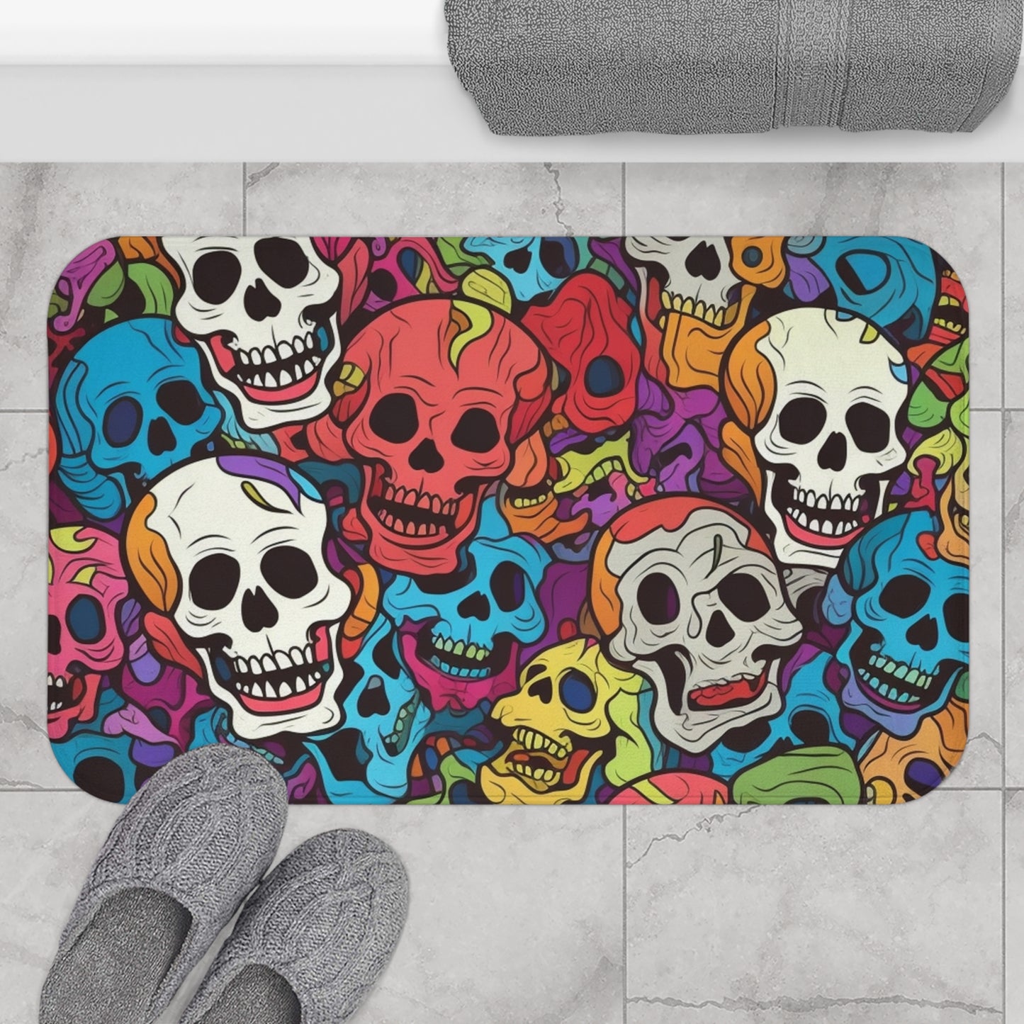 Patrón de cabeza de calavera de arco iris psicodélico, colores vibrantes - Alfombra de baño