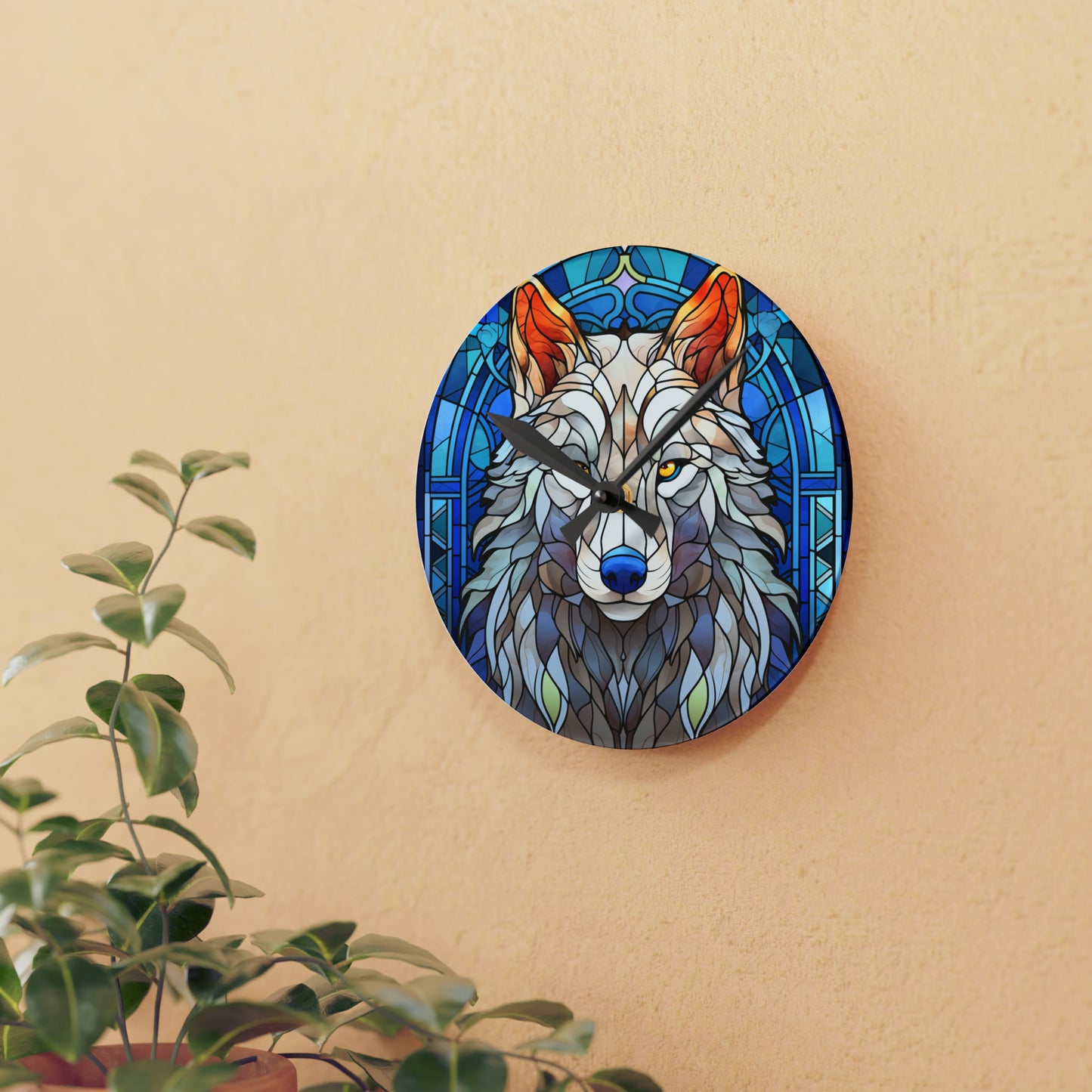 Stained Glass Wolf Design - Acrylic Wall Clock