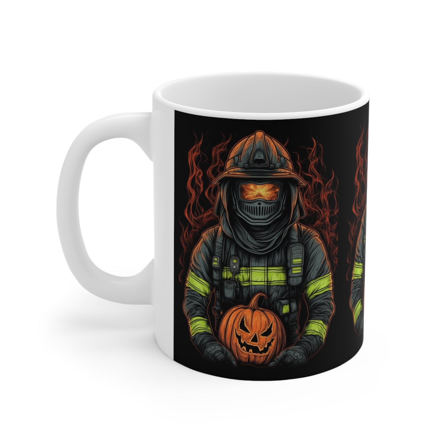 Firefighter Spooky Alert: Facing Haunted Halloween Spirits Scary Fire Pumpkin - Ceramic Mug 11oz