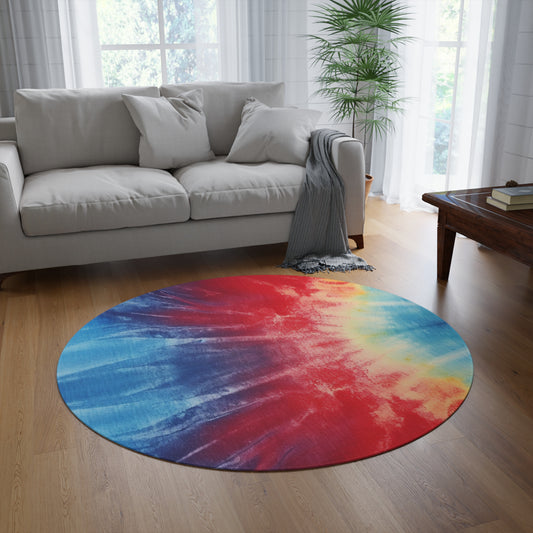 Rainbow Tie-Dye Denim: Vibrant Multi-Color, Fabric Design Spectacle - Round Rug