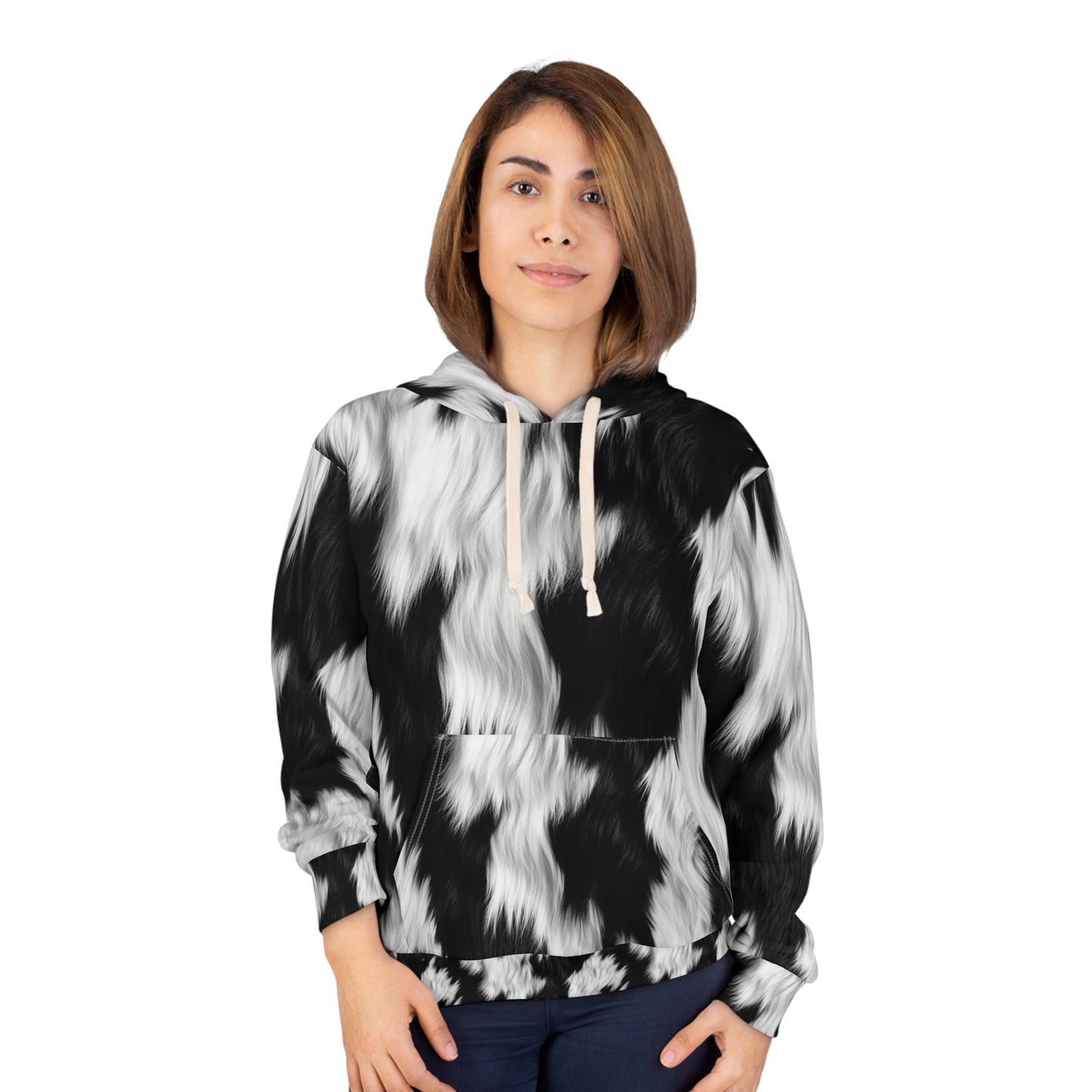 Cowhide on Hair Leather - Black and White - Designer Style - Unisex Pullover Hoodie (AOP)