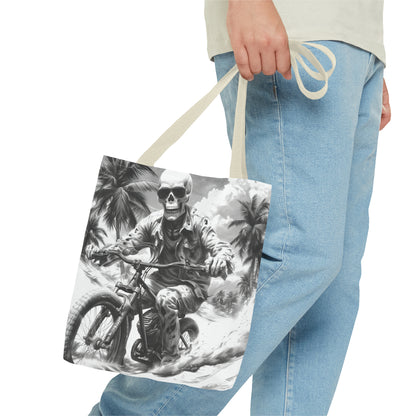 Biker Skeleton Wearing Sunglasses, Riding Sunset Boulevard in California Motorcycle, Tote Bag (AOP)