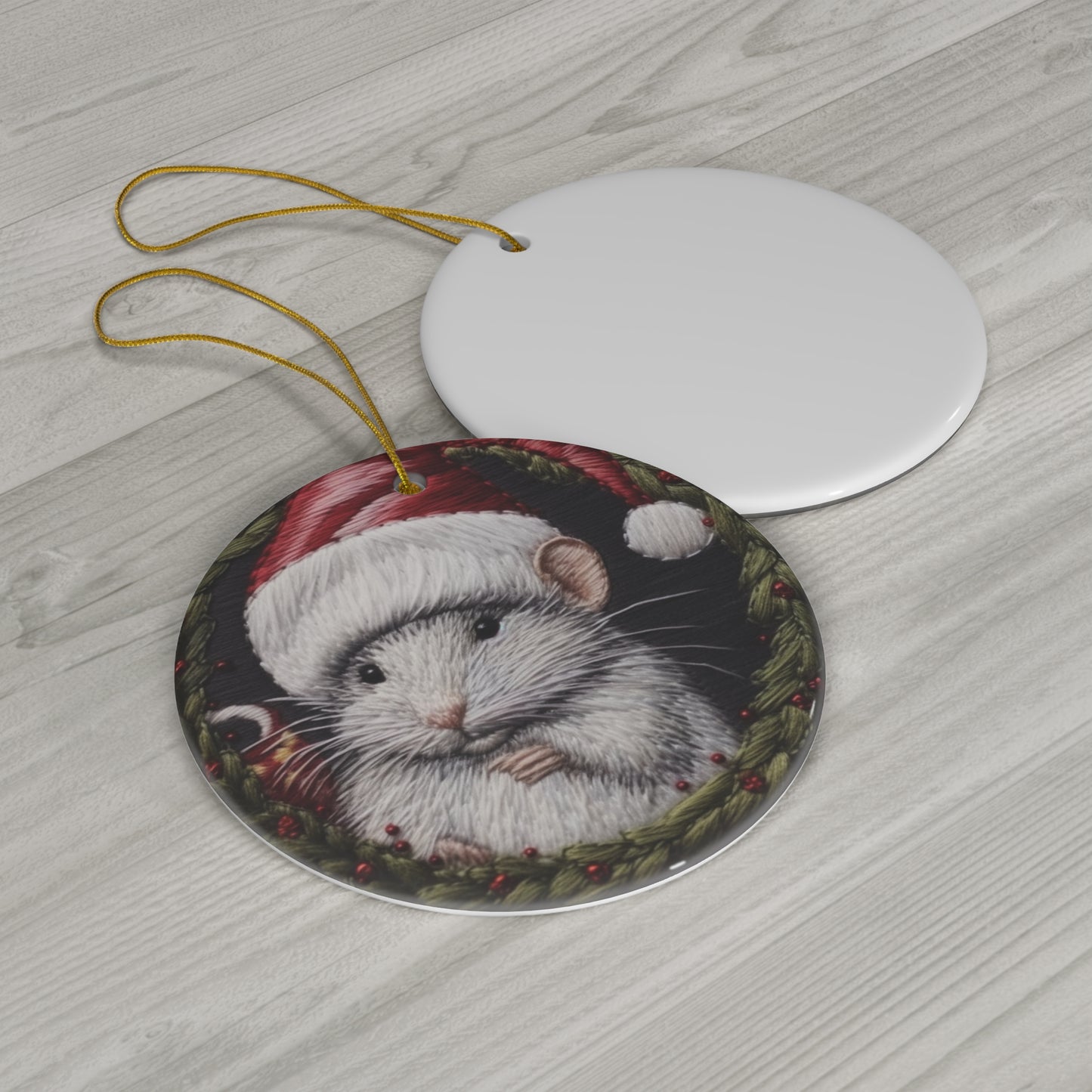 Christmas Mouse in Santa Hat, Festive Holiday Rodent, Winter Creature Design - Ceramic Ornament, 4 Shapes