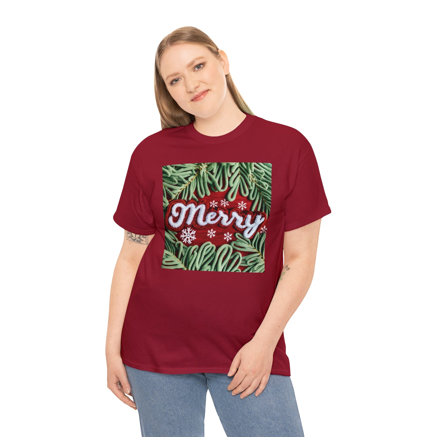 Chenille Patch Festive Design, Holiday Motif, Merry Christmas Theme, Trendy Winter Style - Unisex Heavy Cotton Tee