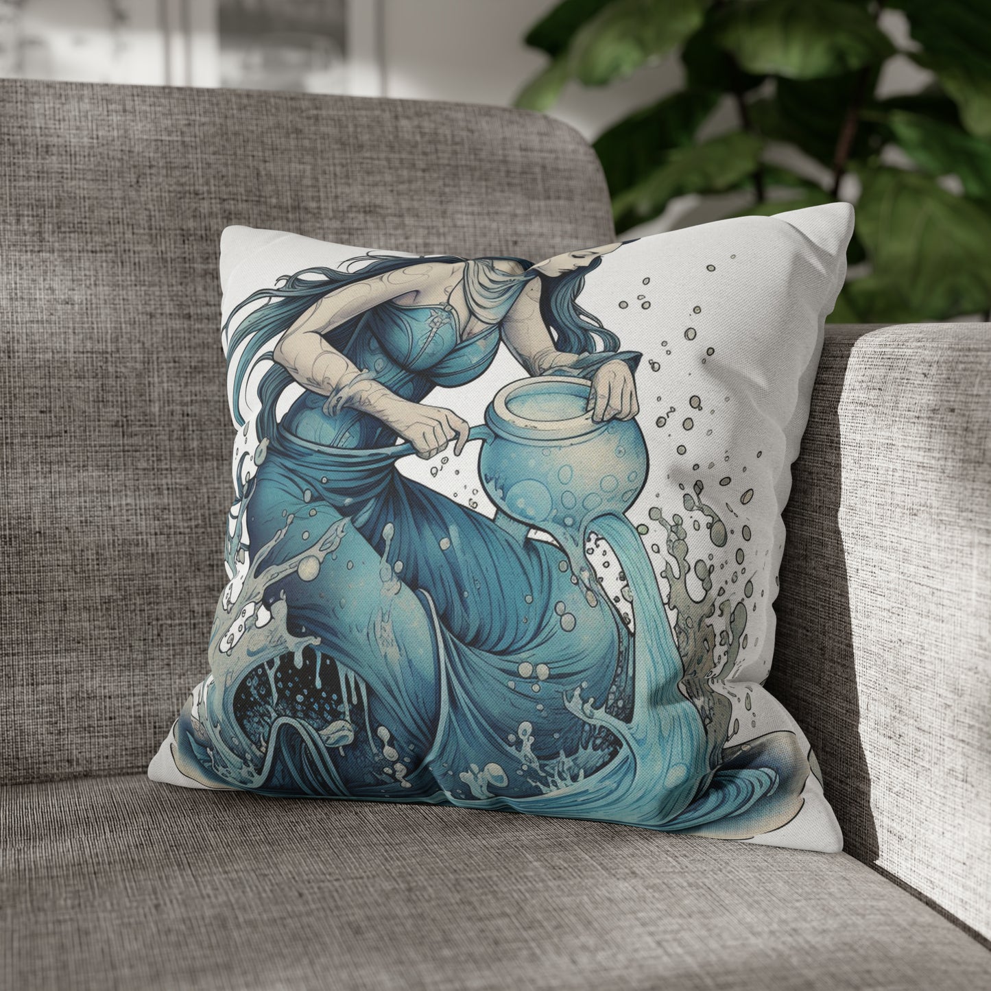 Aquarius Zodiac Symbol - Girl Pouring Water, Hand-Drawn Style - Spun Polyester Square Pillow Case