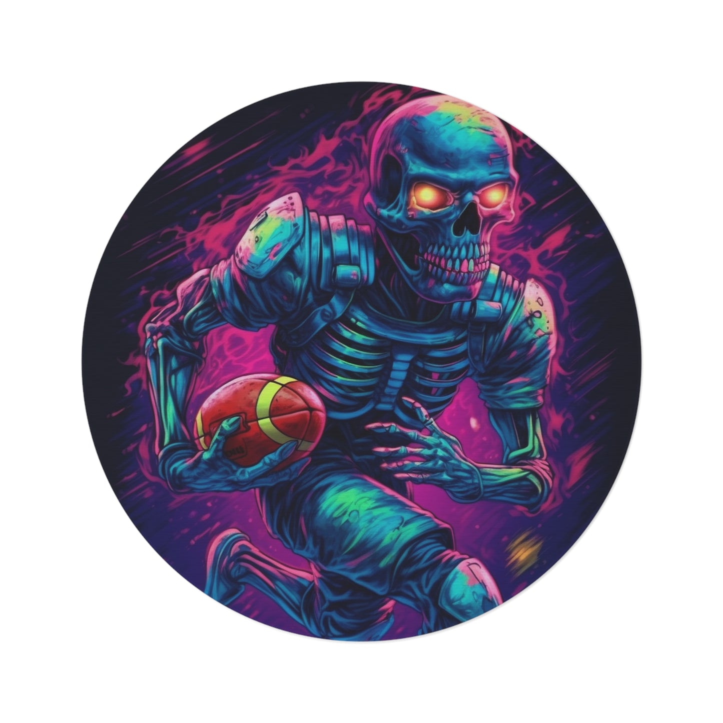 Spooky Football Game: Fantasy Skeleton Athlete Running with Ball, Sporty Halloween - Round Rug