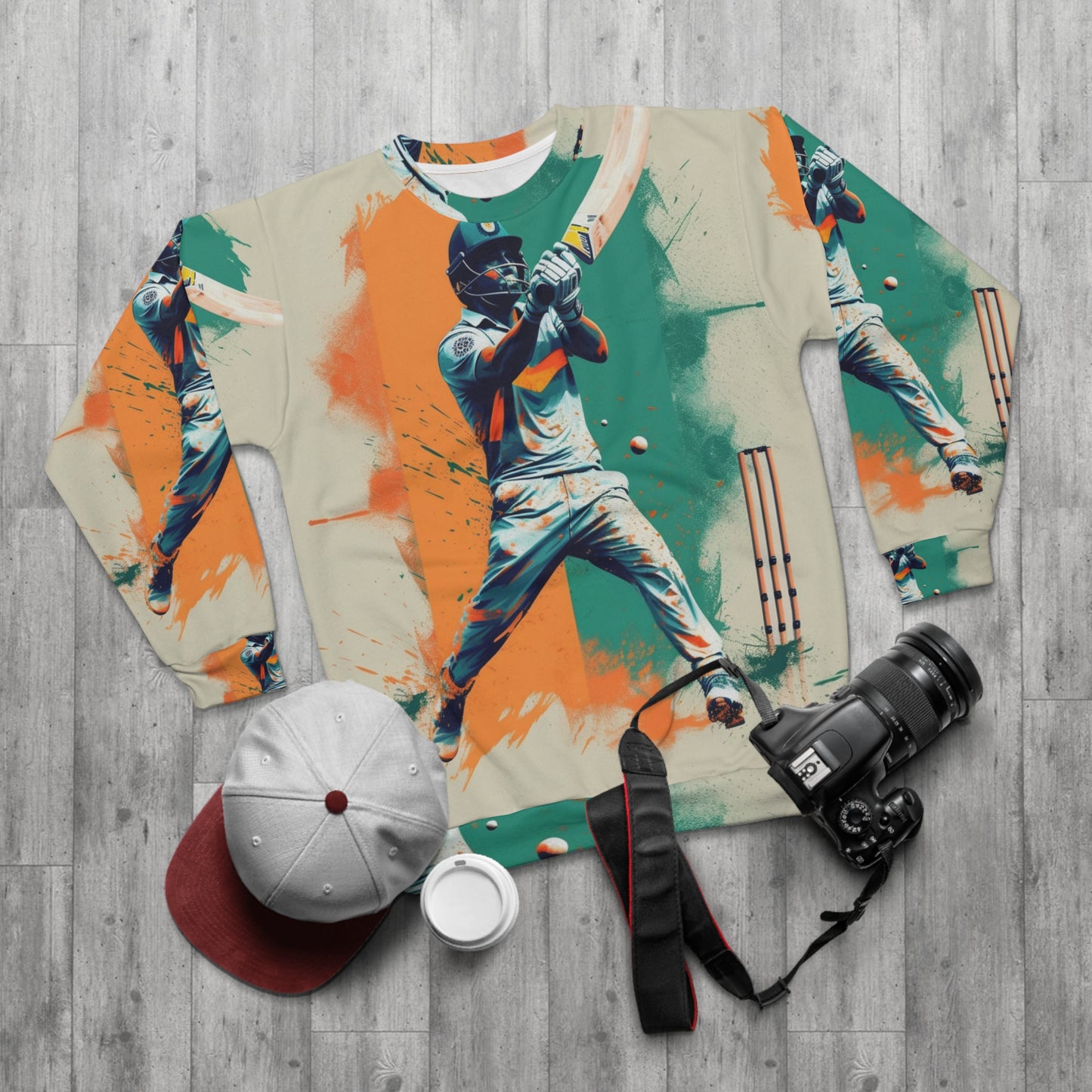 Cricket Batsman, Ball Strike, Indian Flag Color Background - Street Style - Unisex Sweatshirt (AOP)