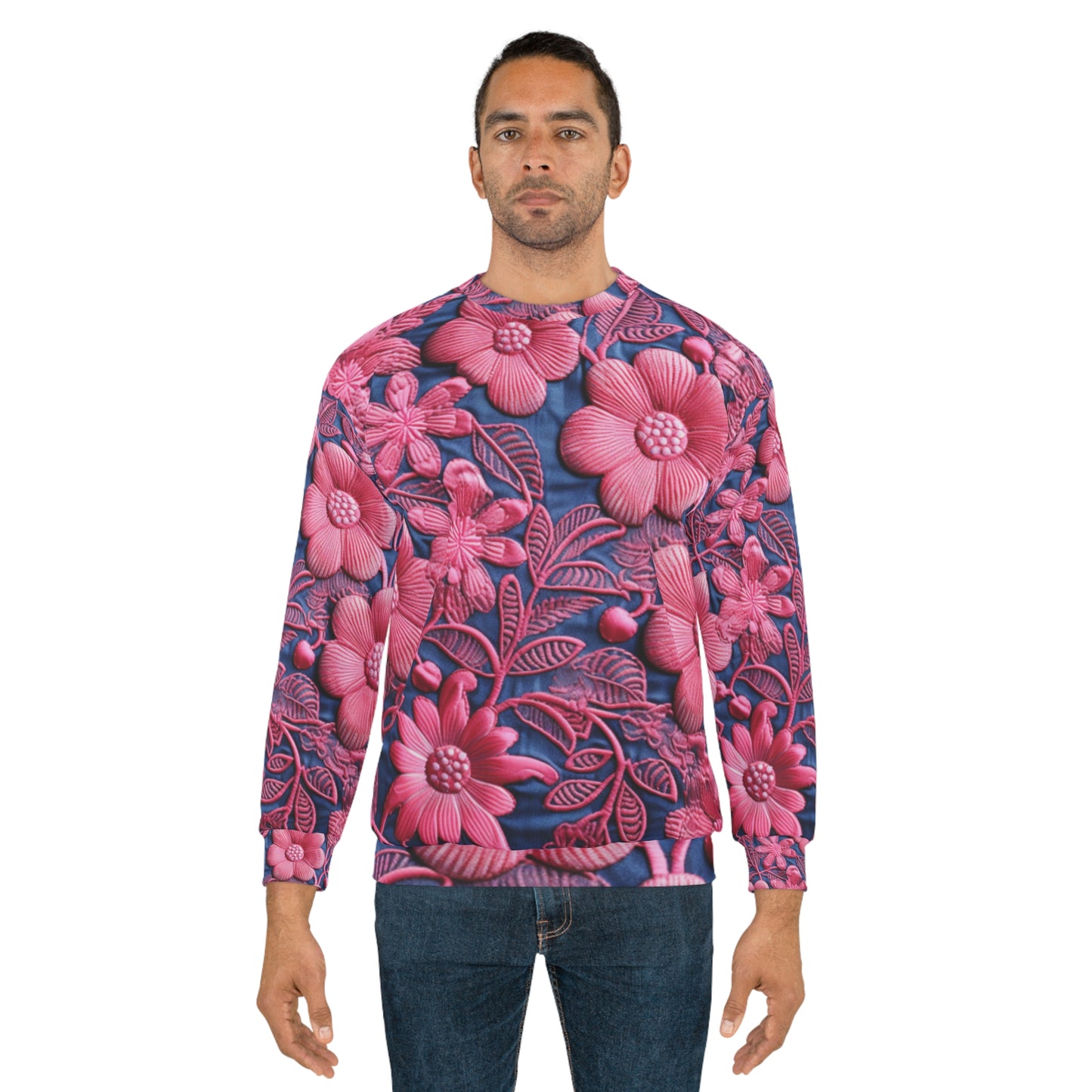 Denim Blue Doll Pink Floral Embroidery Style Fabric Flowers - Unisex Sweatshirt (AOP)