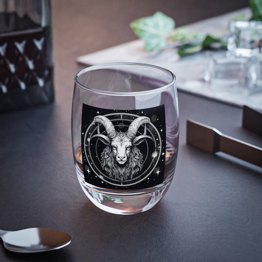Capricorn Zodiac Whiskey Glass - Clear Glass - Heavy Base - Black & White Starry Design