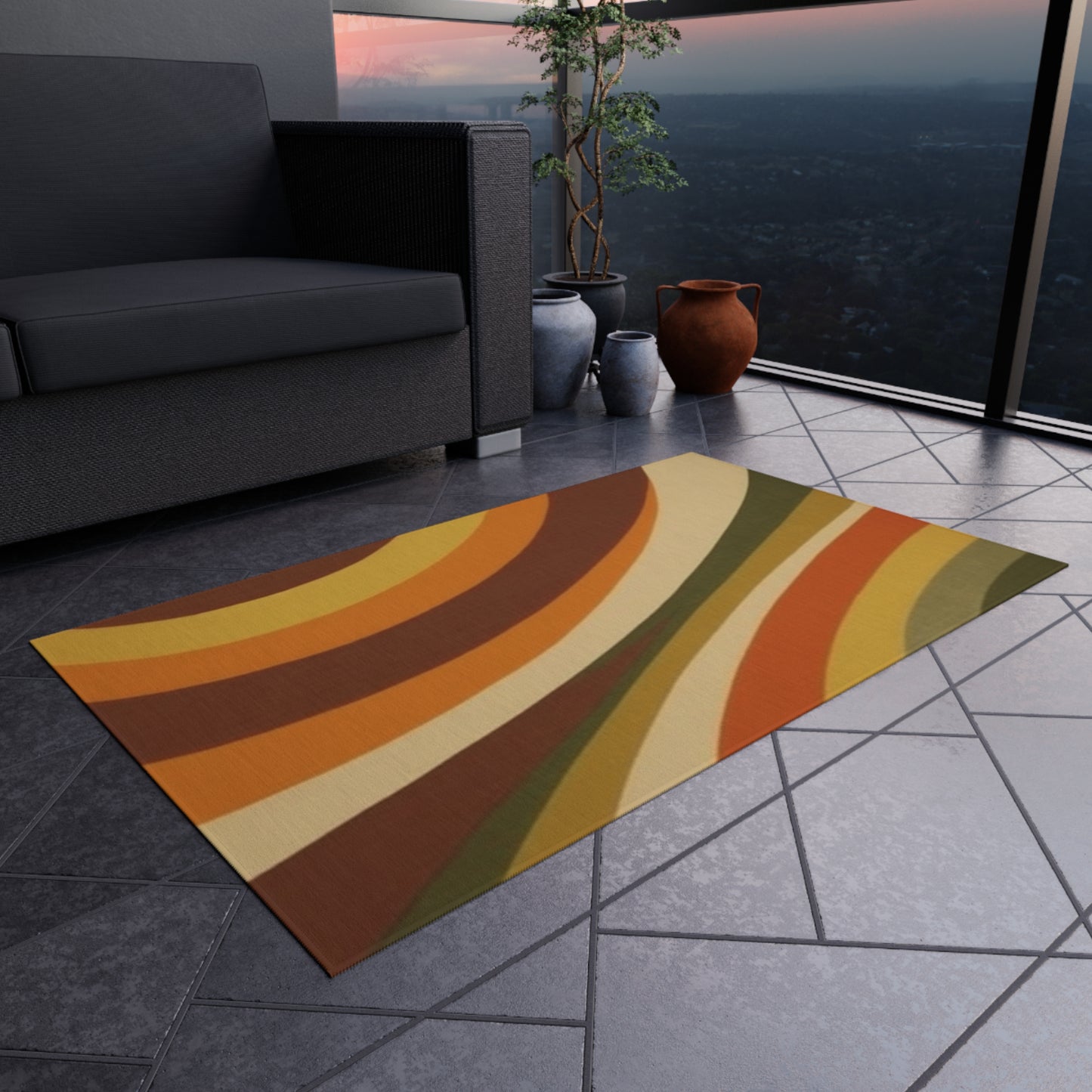 Groovy 1970s Mod-Inspired Outdoor Rug in Bold Orange, Green, Rust, Gold & Beige