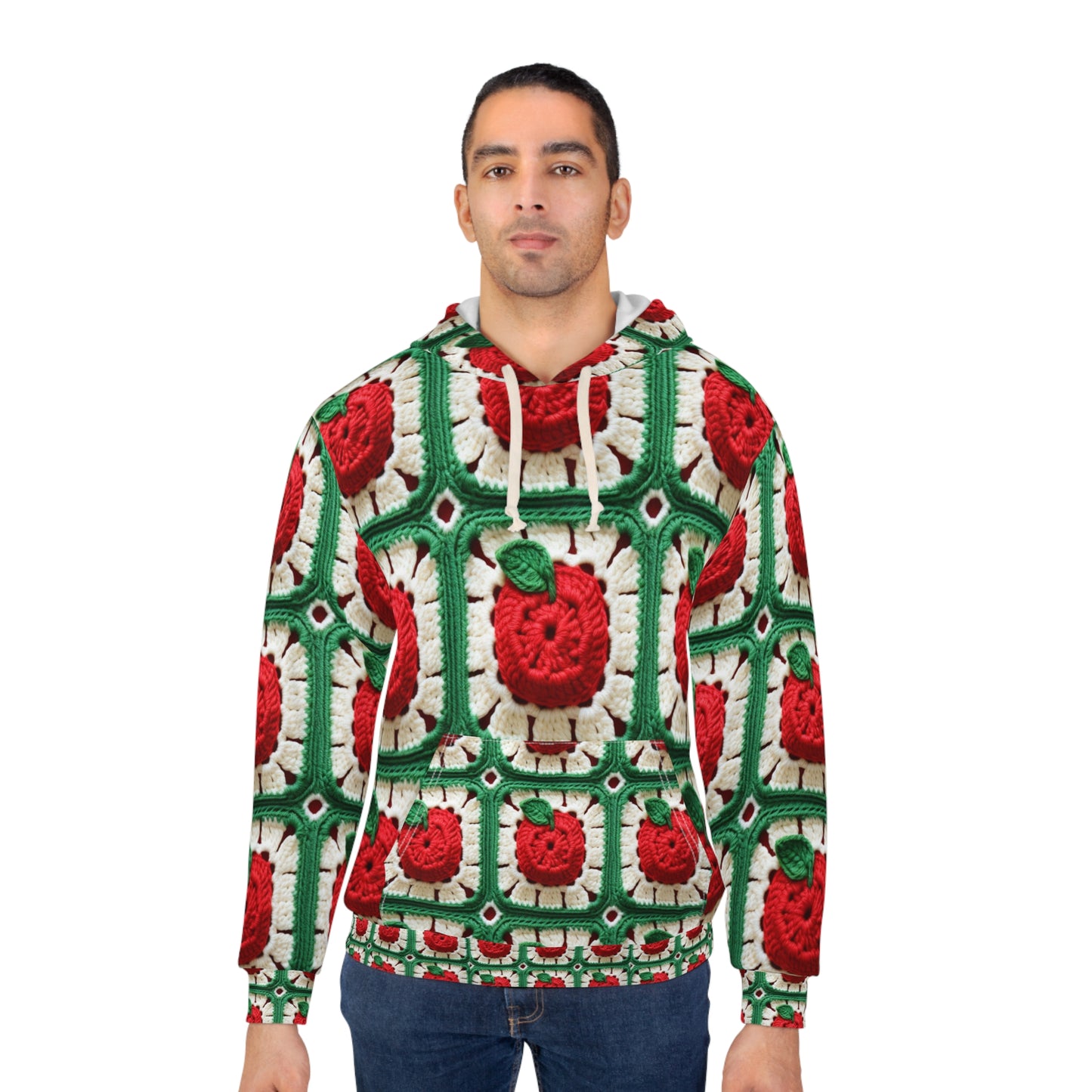 Apple Granny Square Crochet Pattern: Wild Fruit Tree, Delicious Red Design - Unisex Pullover Hoodie (AOP)