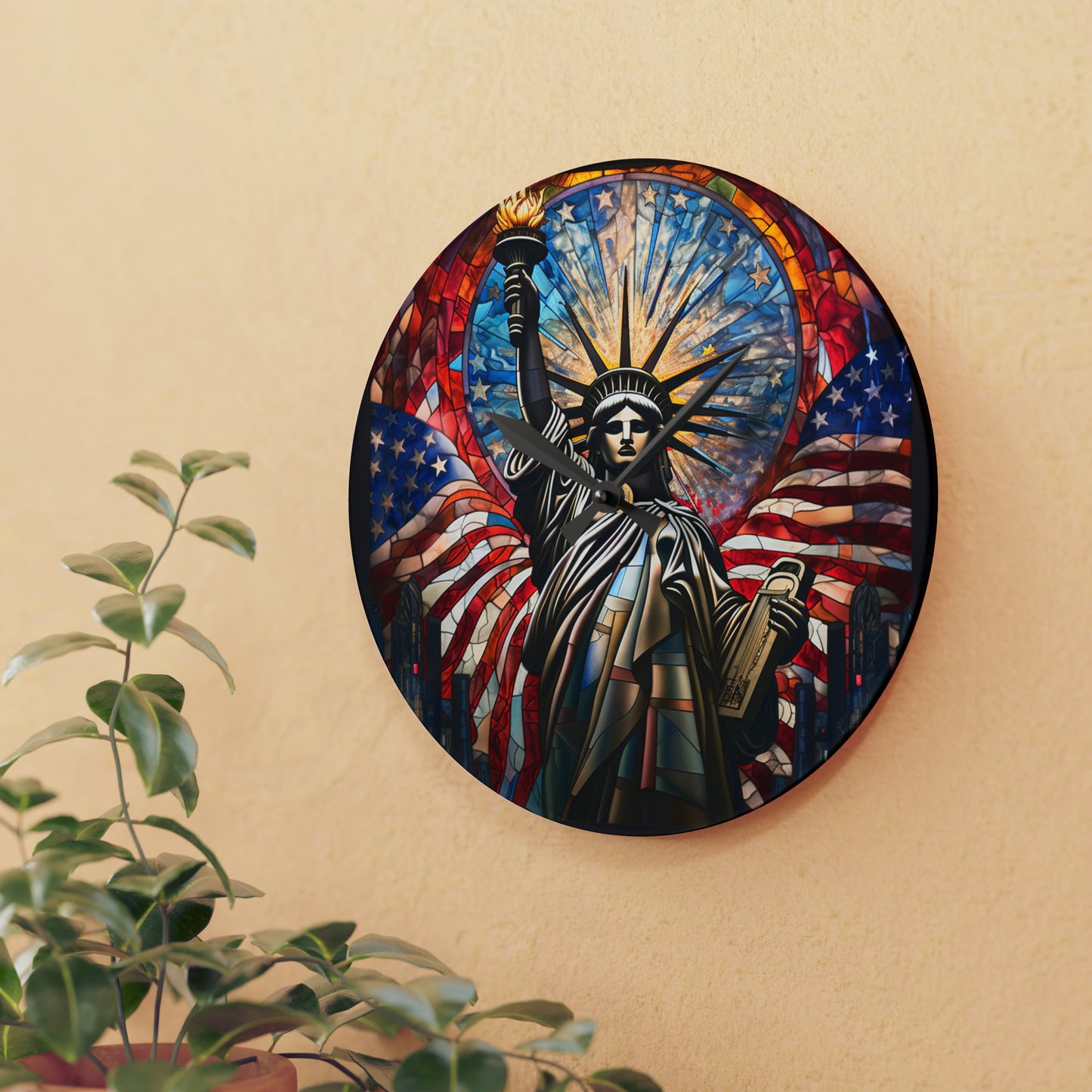 Stained Glass Statue Of Liberty USA, American Design - Acrylic Wall Clock