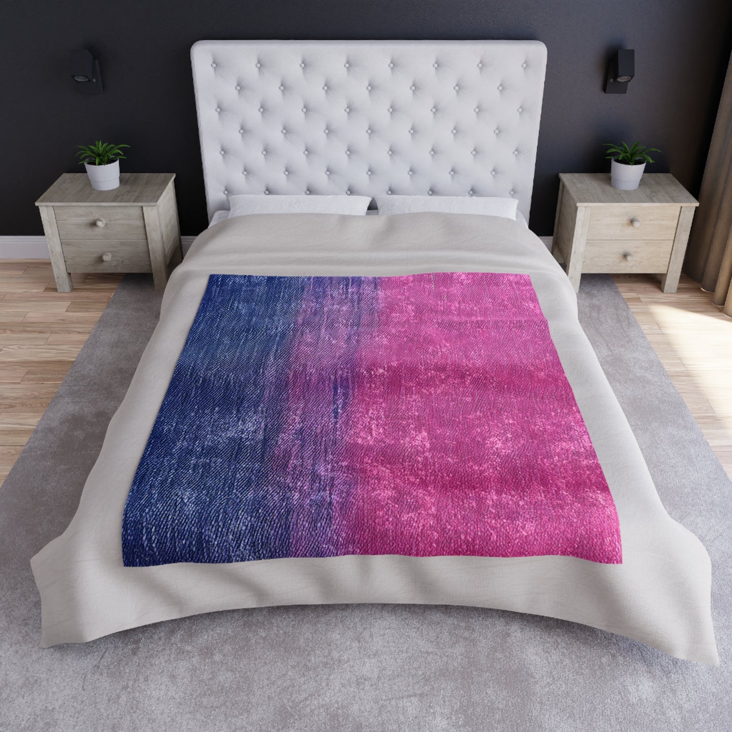 Dual Delight: Half-and-Half Pink & Blue Denim Daydream - Crushed Velvet Blanket