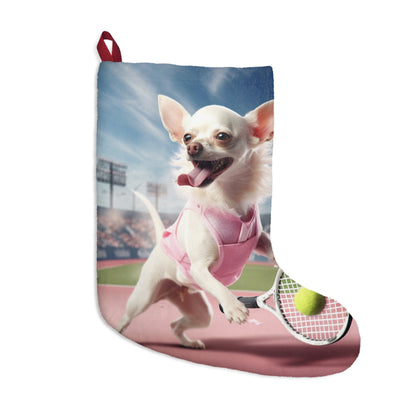 Chihuahua Tennis Ace: Traje rosa para perro, juego deportivo atlético en la cancha - Medias navideñas