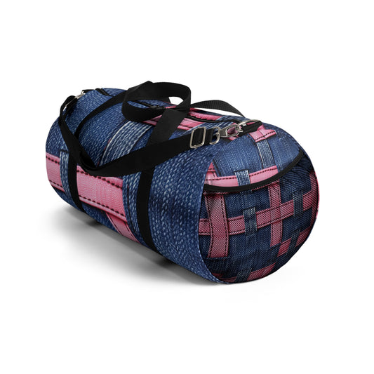 Candy-Striped Crossover: Pink Denim Ribbons Dancing on Blue Stage - Duffel Bag