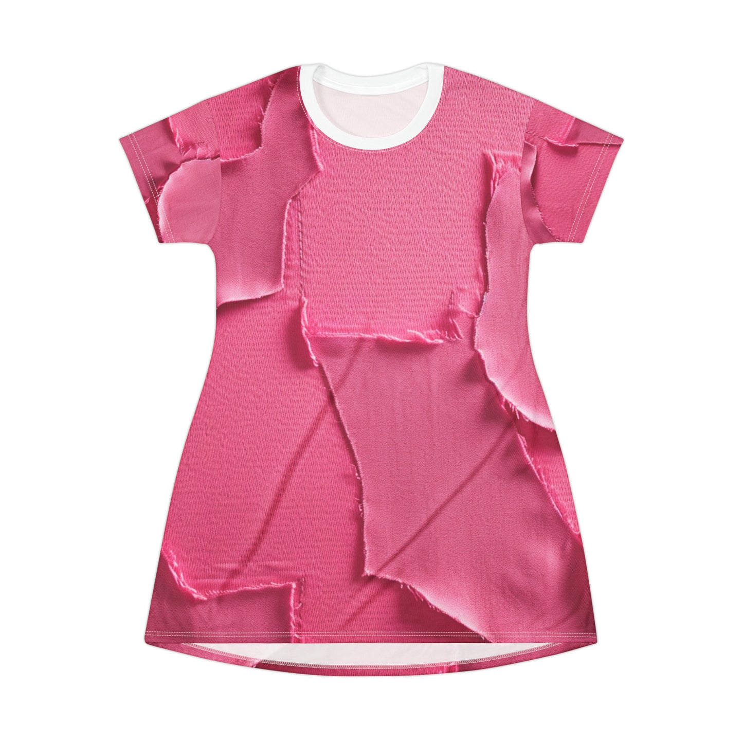 Distressed Neon Pink: Edgy, Ripped Denim-Inspired Doll Fabric - T-Shirt Dress (AOP)