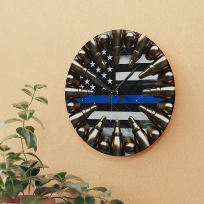 Hero Tribute Acrylic Wall Clock - Patriotic Service Emblem, Faux Ammo Design, American Flag Law Enforcement Timekeeper