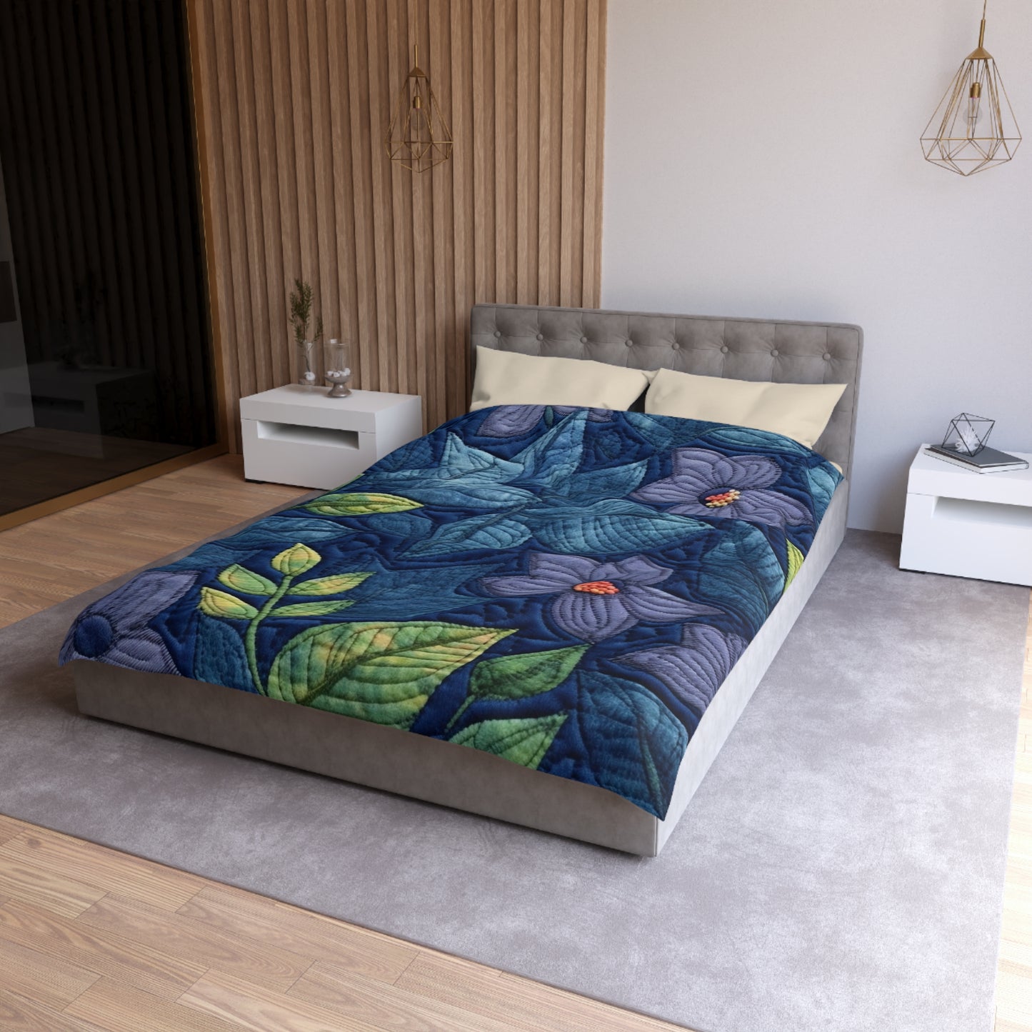 Floral Embroidery Blue: Denim-Inspired, Artisan-Crafted Flower Design - Microfiber Duvet Cover