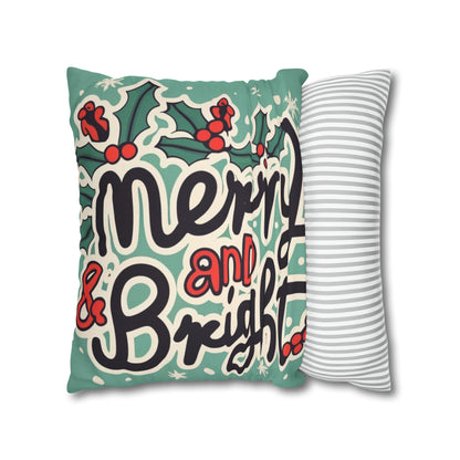 Merry and Bright Christmas Theme Holiday - Spun Polyester Square Pillow Case