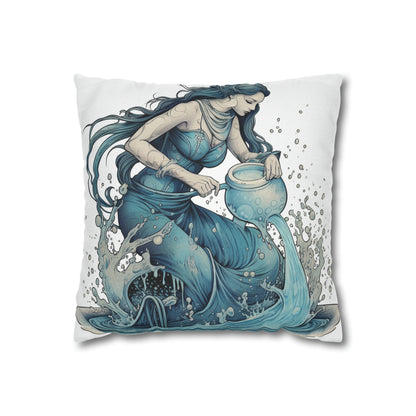 Aquarius Zodiac Symbol - Girl Pouring Water, Hand-Drawn Style - Spun Polyester Square Pillow Case